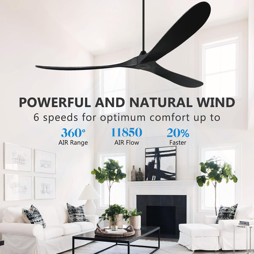 88" Wood Ceiling Fan without Lights, Indoor/Outdoor with Remote - 3 Solid Wood Blades, 6-Speed DC Motor