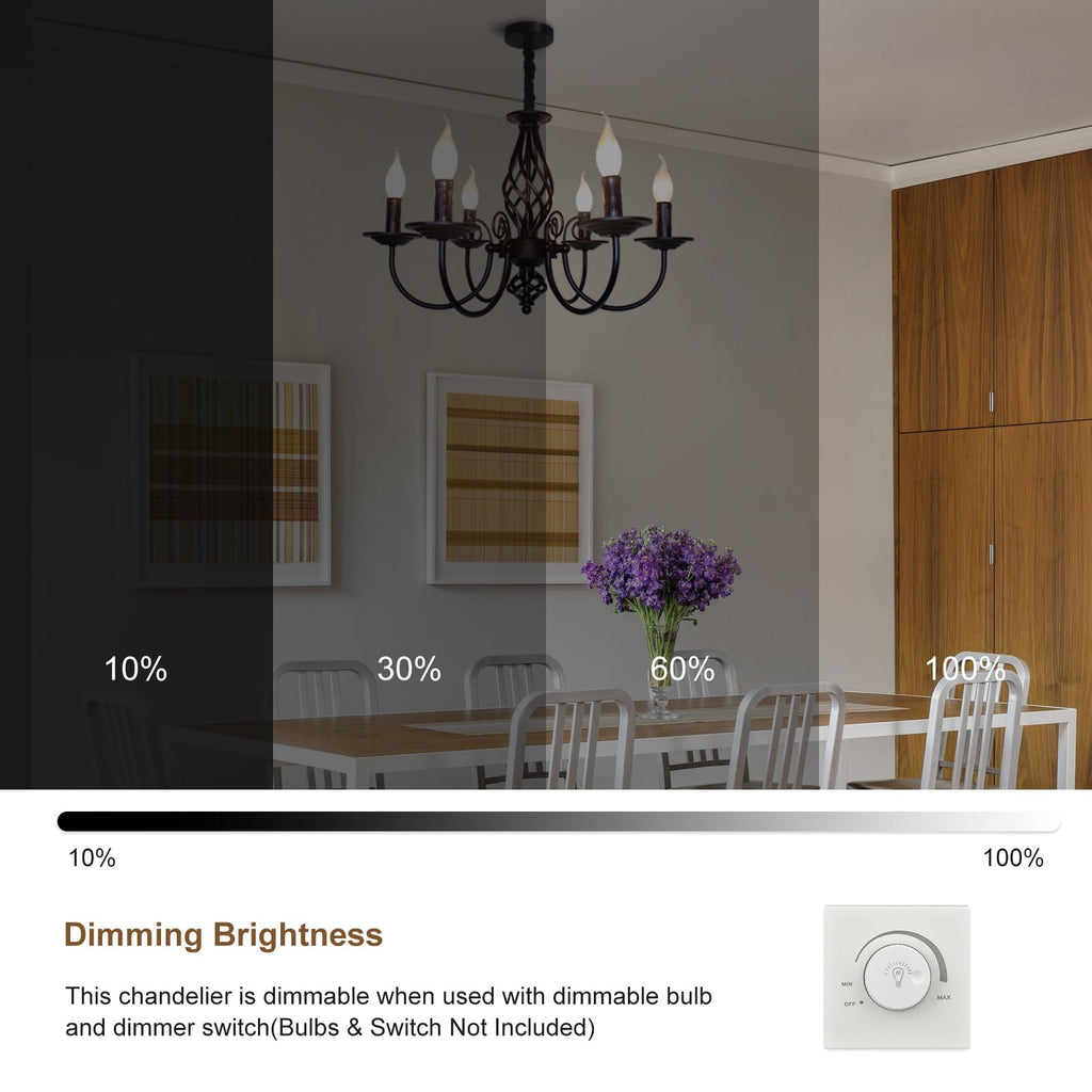 Black Chandelier, 6-Light Farmhouse Candle Light