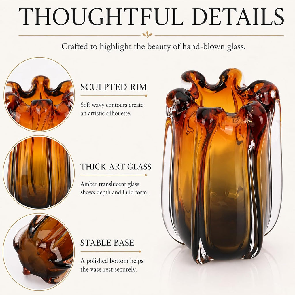 Amber Glass Vase for Flowers, Decorative Murano Art Glass, Wide Mouth Designer Glass Vase Decor, Blown Glass