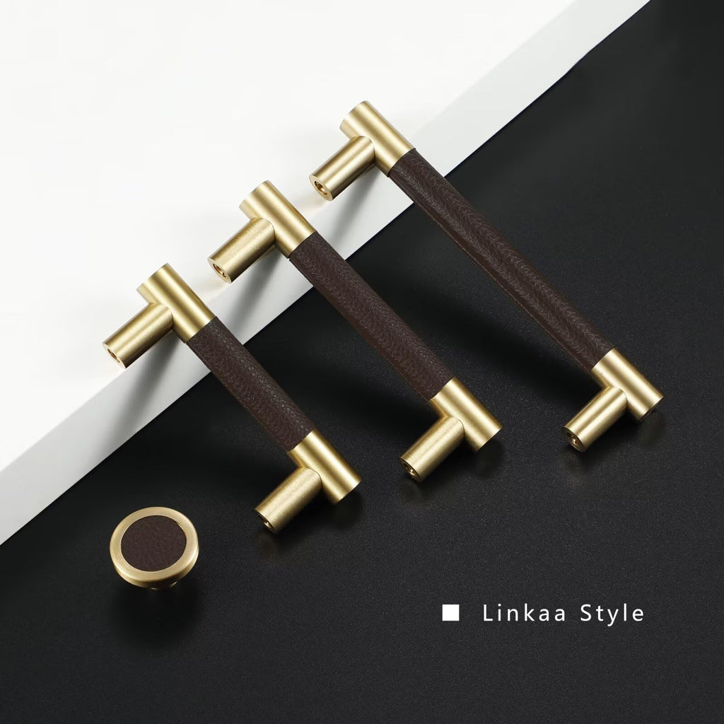 Brown Leather and Brass Gold Drawer Pulls Handles 5''CC,10 Pack