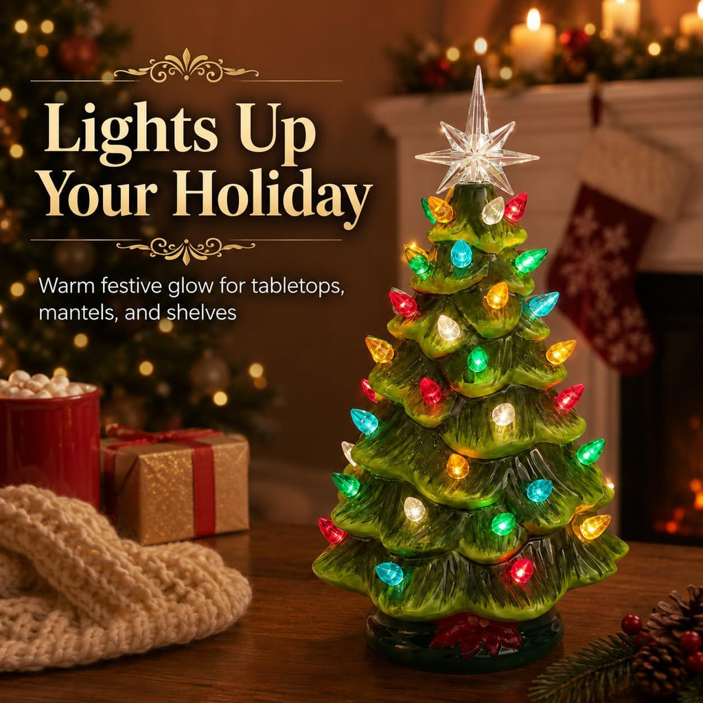 13 Inch Ceramic Christmas Tree with Multicolored Lights and Star, Battery Operated Vintage Lighted Tabletop Christmas