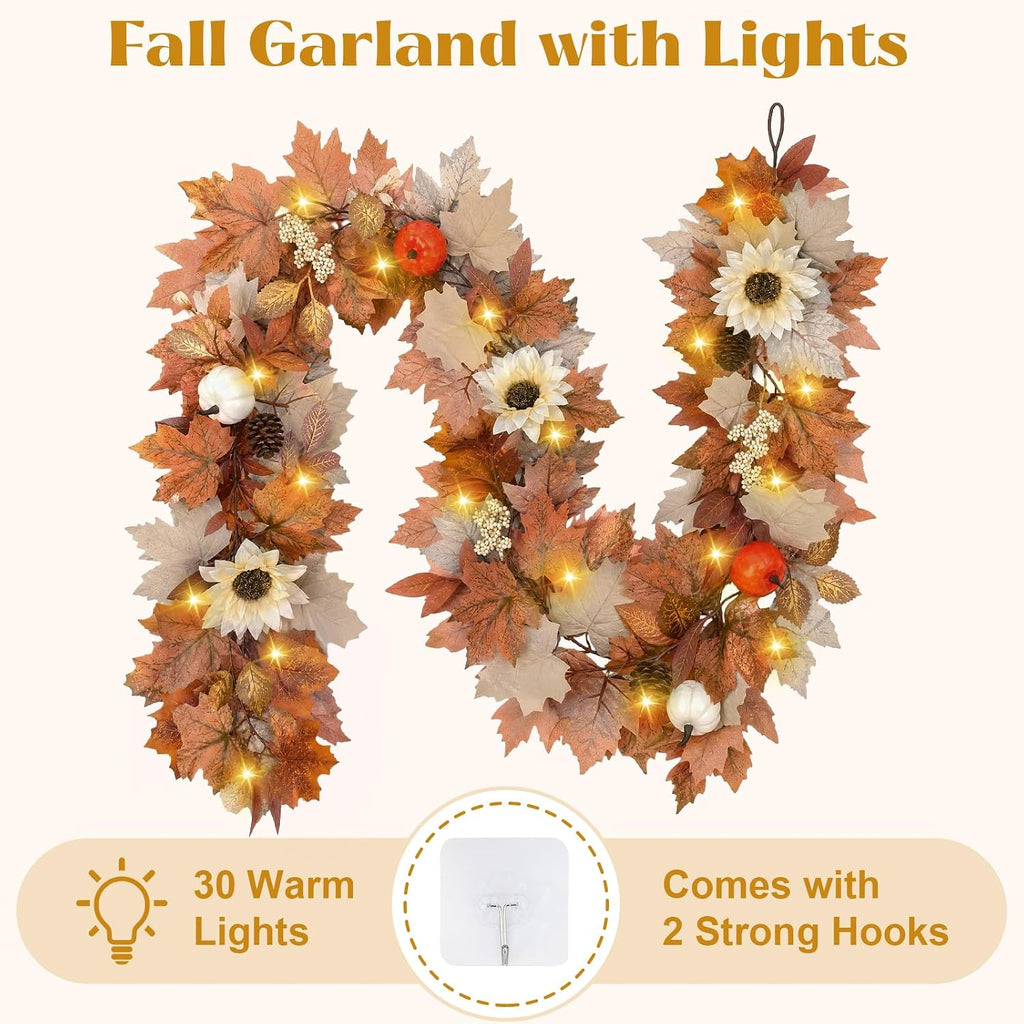 6Ft Lighted Fall Garland with Lights Sunflower Pumpkins for Mantle - Set of 6