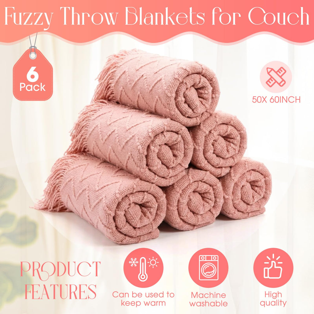 6 Pack Boho Knitted Throw Blankets with Tassels 50''x60'', Pink