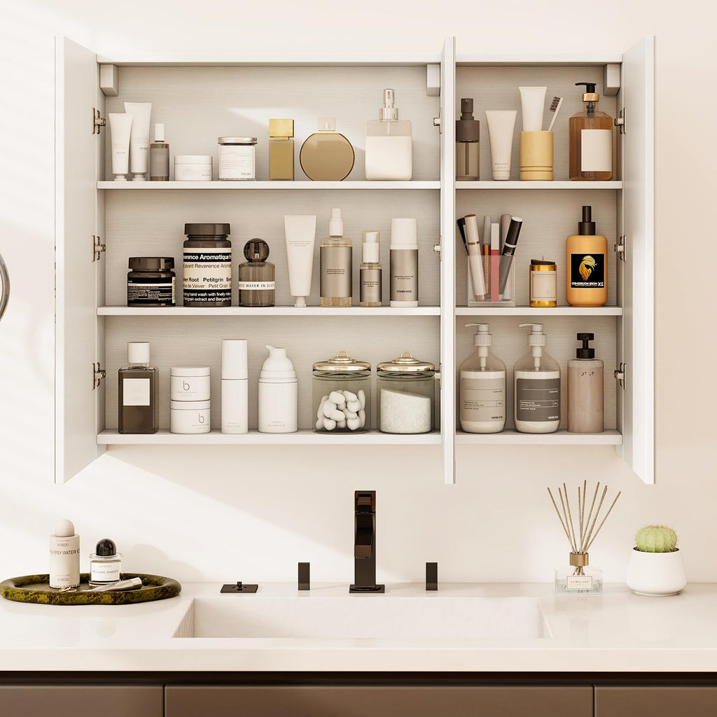 Mirrored Medicine Cabinet, Large Wide Wall Mounted Storage Cabinet with 3 Mirror Doors, Hanging Bathroom Organizer