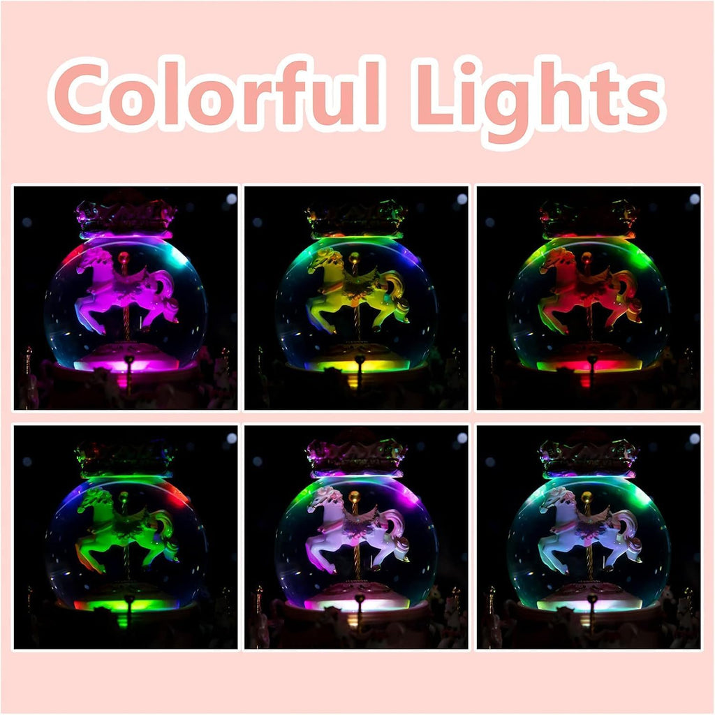 Carousel Snow Globe Music Box: LED Light Rotating Horses for Girls