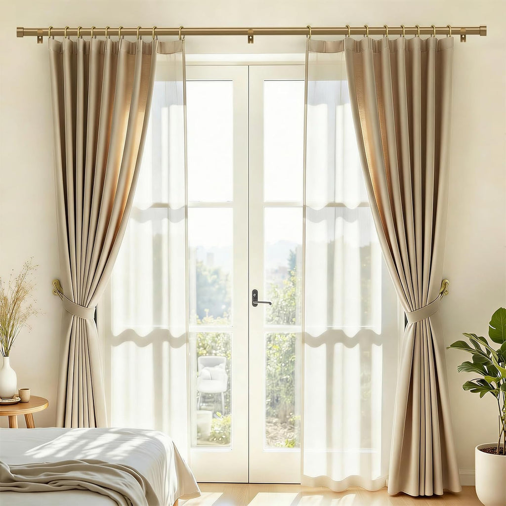 Heavy Duty Brush Gold Curtain Rods for Windows 32 to 120 Inch, 1 Inch Brass Curtain Rod Adjustable with Metal Modern