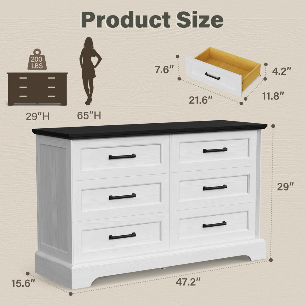 Dresser, Farmhouse 6 Drawers Dressers, White and Black
