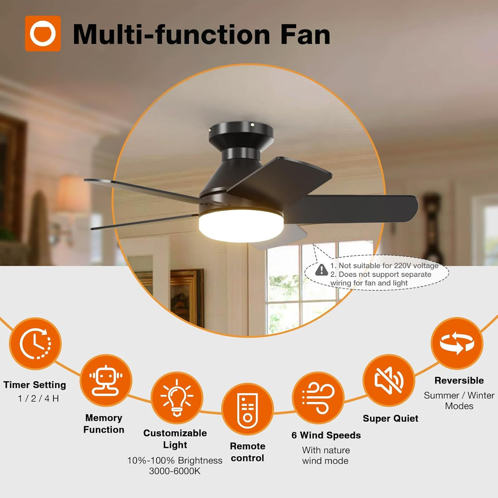 Ceiling Fans with Lights, 32 inch Low Profile Ceiling Fan with Light and Remote Control, Flush Mount, Reversible, 3CCT, Dimmable, Quiet, Black Small Ceiling Fan for Bedroom Indoor/Outdoor Use A103-B0CLNL413S