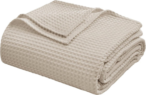 100% Egyptian Cotton Waffle Weave Throw Blanket, Soft Lightweight Bed & Couch Blanket for All Seasons (Light Khaki