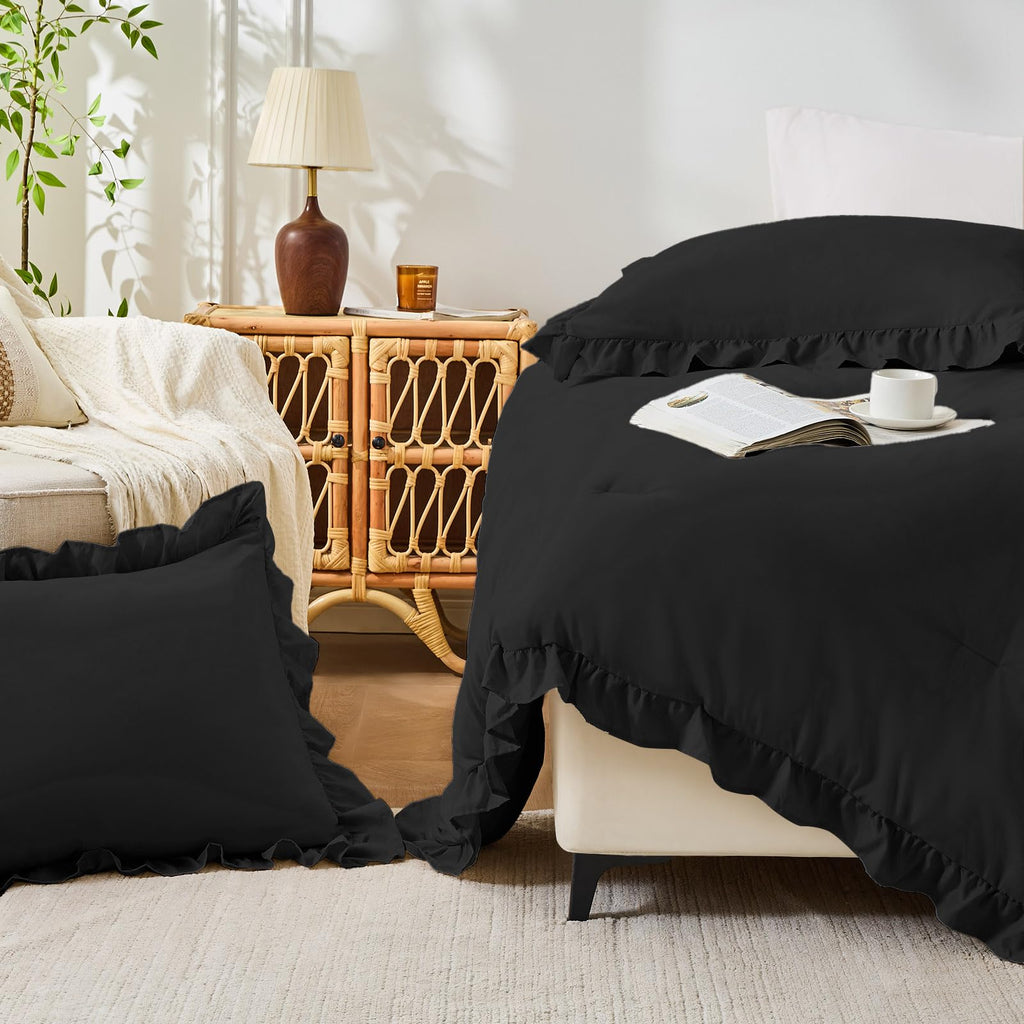 Comforter Sets, Ruffle Bedding Set, 3 Piece Bed Set, Black