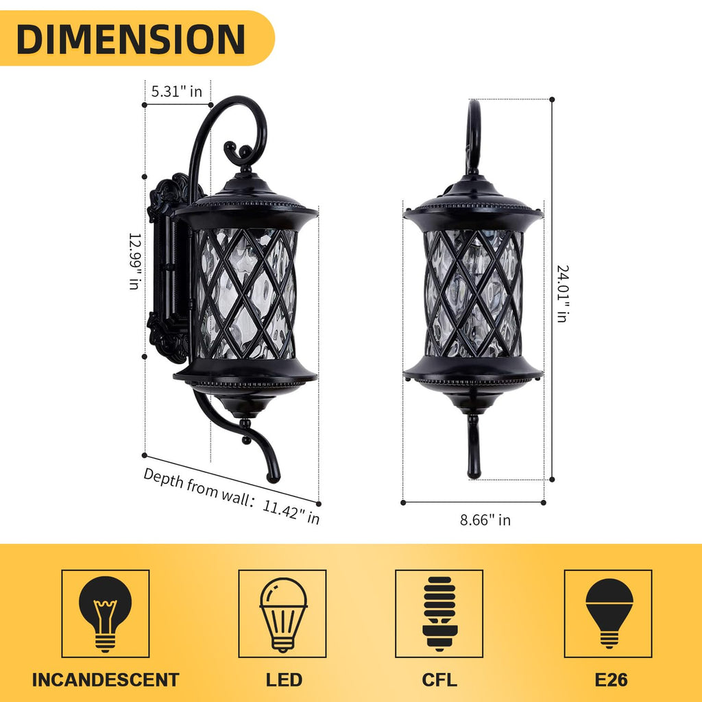 Retro Large Outdoor Wall Lanterns 24" Exterior Light Fixtures Coach Light Waterproof Aluminium with Water Glass