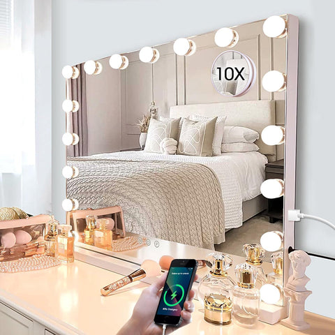 24.4"x21.2" Vanity Mirror with Lights, Lighted Makeup Mirror with 3 Dimmable Color Modes,17 LED Hollywood Mirror with