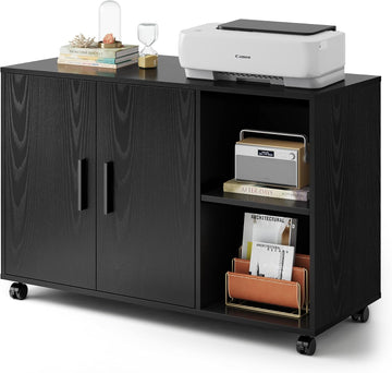 Office File Cabinet, Rolling Printer Stand, Black | Lateral Storage Cabinet, Doors and Shelves, Mobile Filing