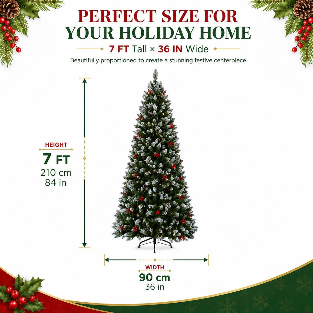 7FT Pre-Lit Artificial Christmas Tree, Snow Flocked Hinged Pine Tree with Warm White Lights, Red Berries & Pine