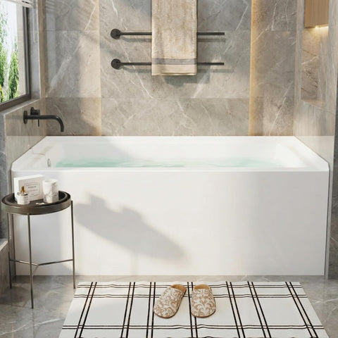 Acrylic Alcove Bathtub 60x30 Inch Rectangular Soaking Tub with Integral Apron Front, Right Drain Glossy White Brushed