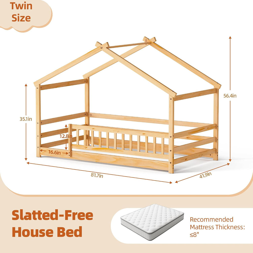 Tw Bed, Montessori Floor Bed with Fence and Roof, Solid Wood Low Bed Frame with Headboard & Footboard for Boys &