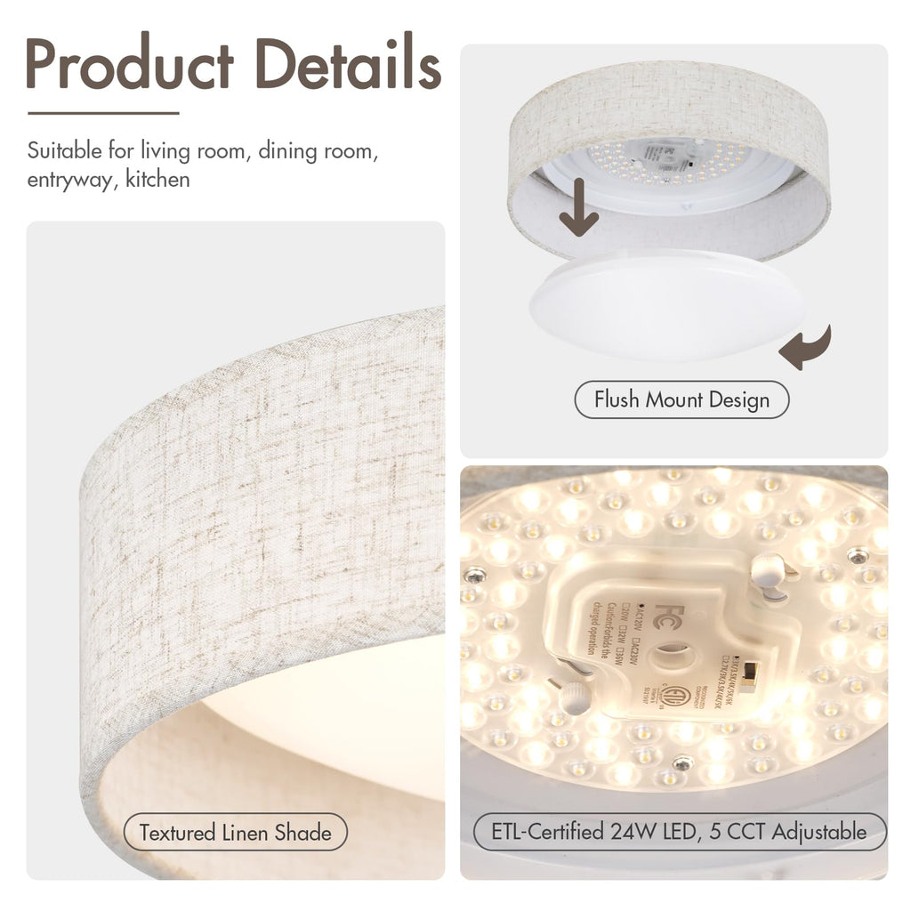 Modern Linen LED 13 Inch Ceiling Light Fixture with 24W 5CCT, Flush Mount Low Profile Room Lamp, Dimmable Minimalist