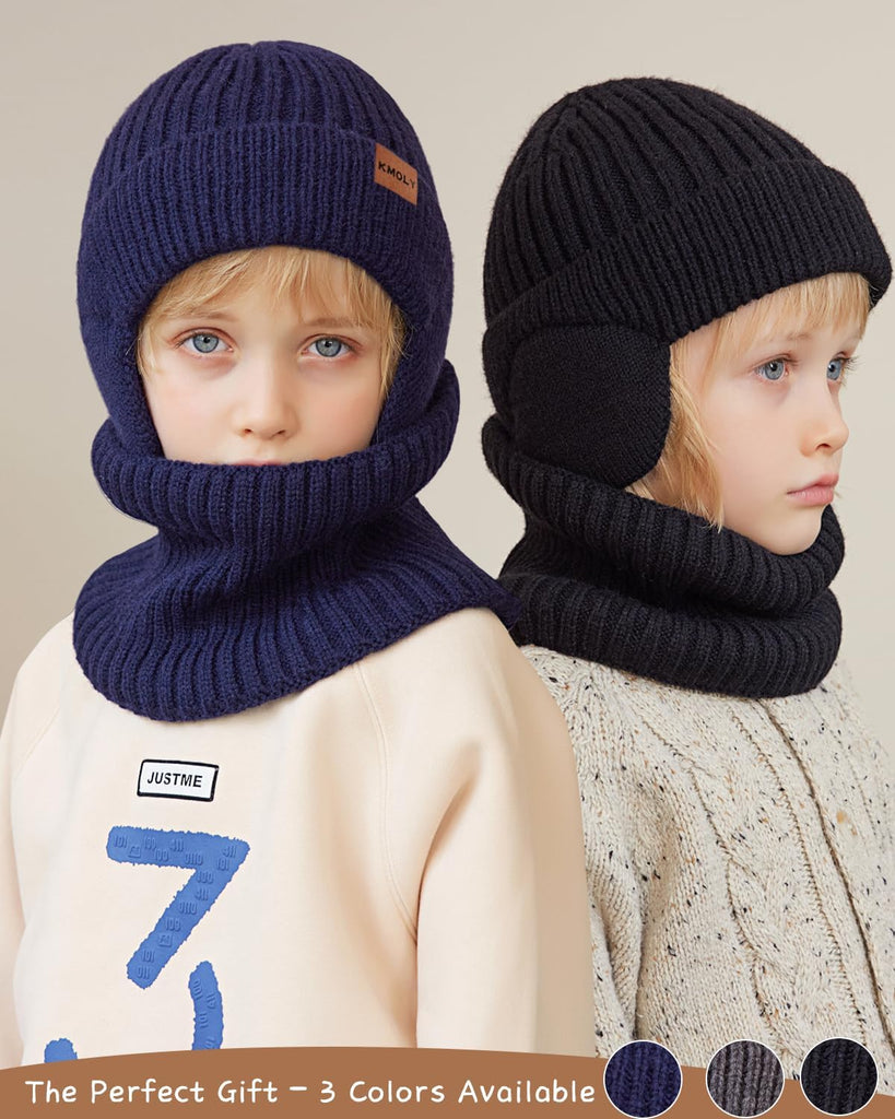 Kids Winter Beanie Hat Scarf Gloves Set, Knit Hat With Earmuffs Neck Gaiter Fleece Lined Touchscreen Gloves
