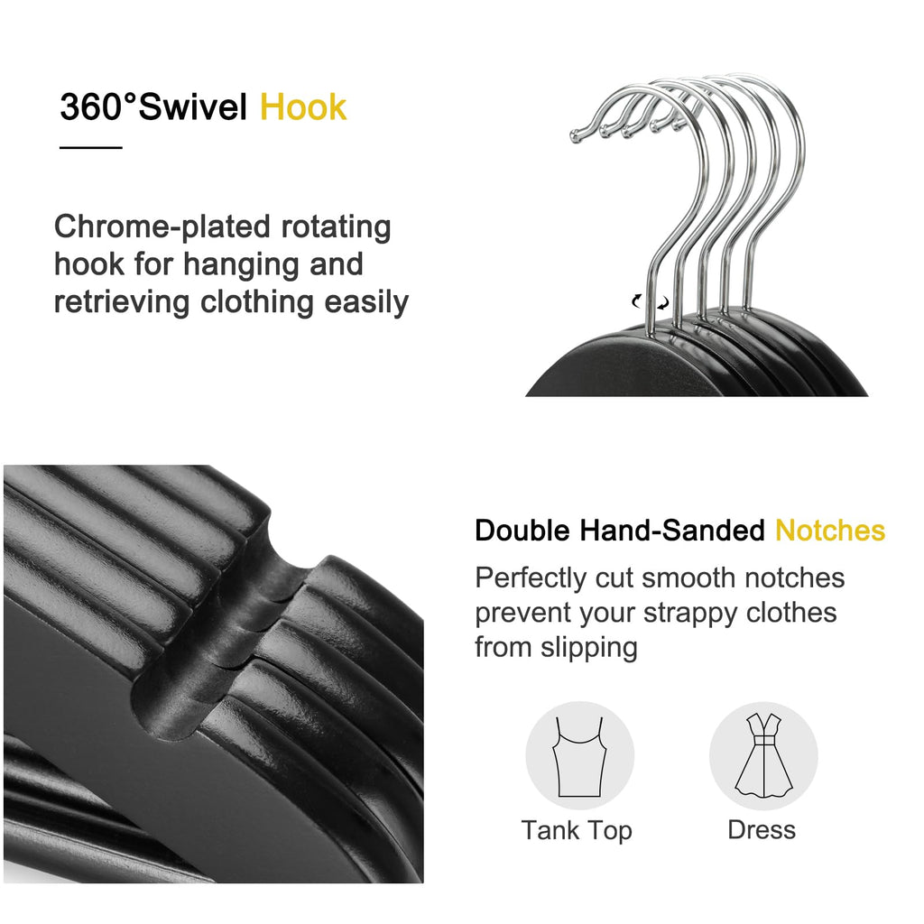 Wooden Coat Hangers 30 Pack, Black Wood Suit Hangers, 360° Swivel Hook and Non-Slip Shoulder Notches for Camisole