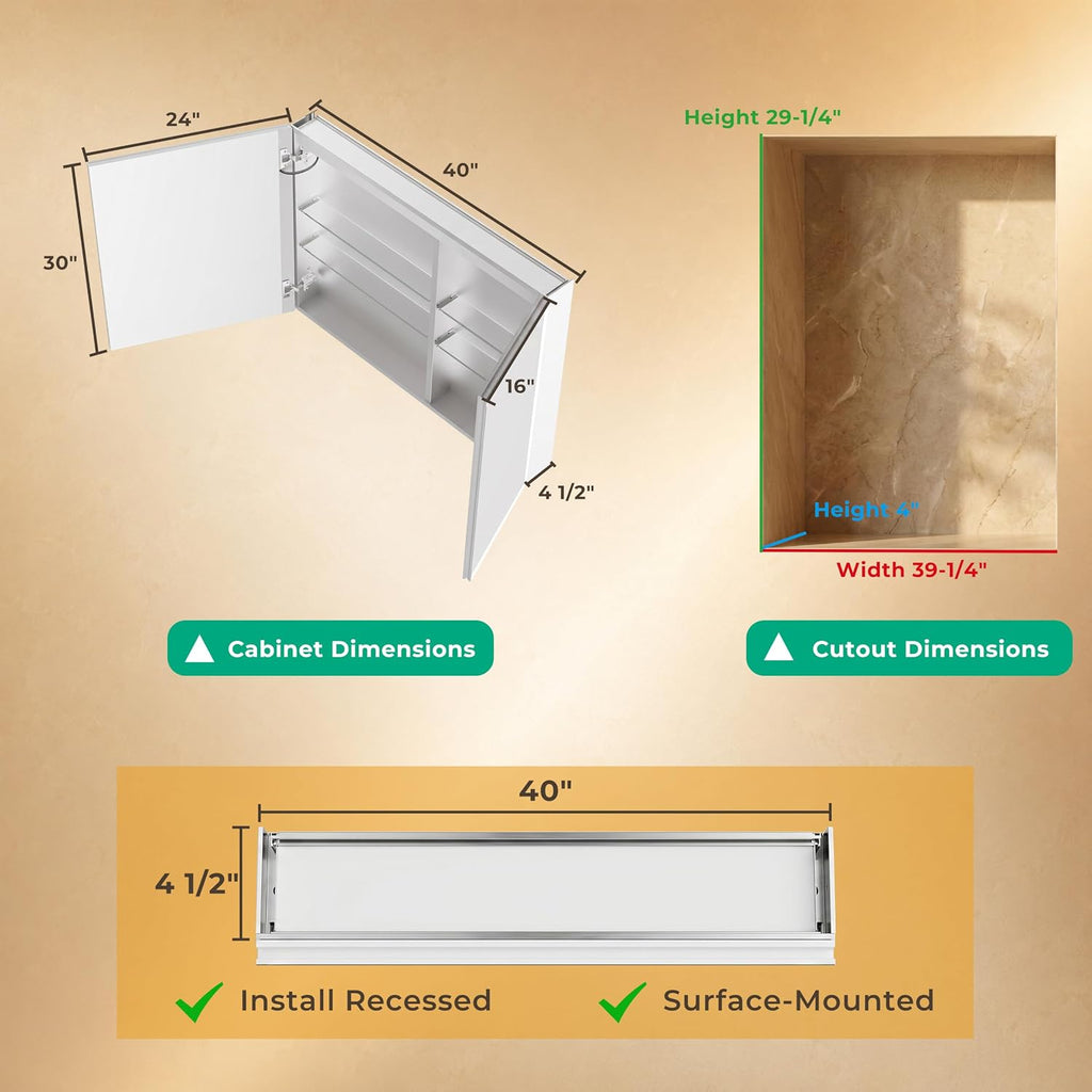 40" x 30" LED Medicine Cabinet, Lighted Medicine Cabinet, Surface & Recessed Mounting, Adjustable Color Temperature &