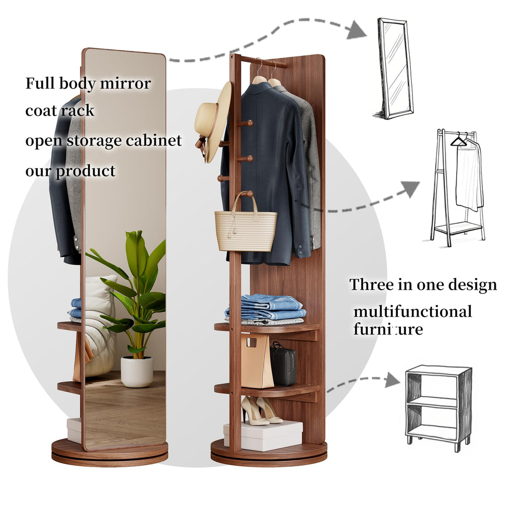 360° Rotating Full Length Mirror with Hook Storage Rack,Body Mirror Storage