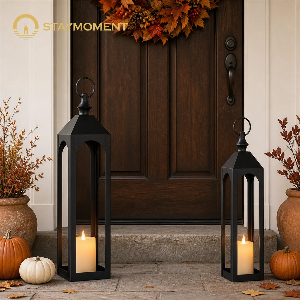 24" & 20" Large Outdoor Floor Lantern, Black Fall Porch Decor