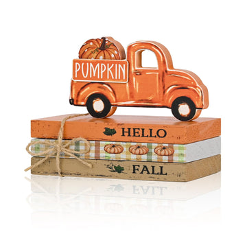 Smile Fall Wooden Decor Signs, Truck Pumpkin HELLO FALL PUMPKIN Tiered Tray Tabletop Signs for Autumn Harvest