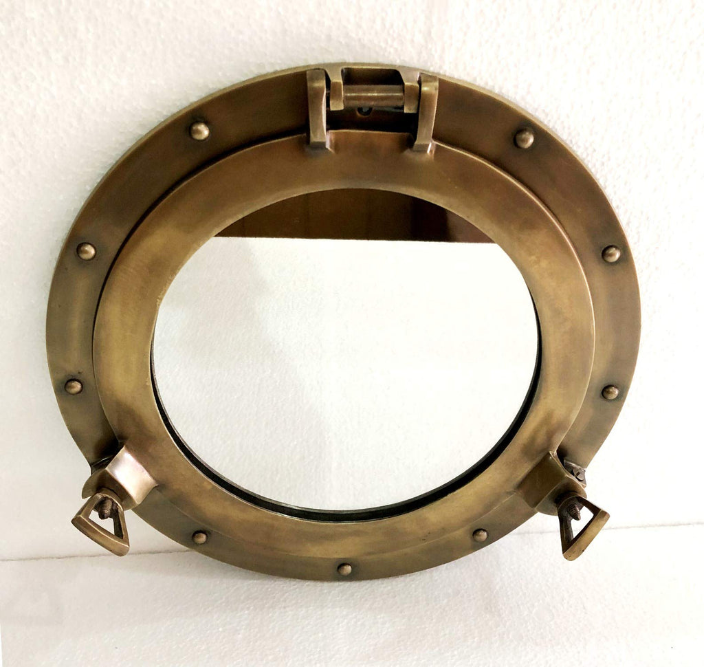 12" Antique Brown Finish Canal Boat Porthole-Window Ship Round Mirror Wall Home Decor