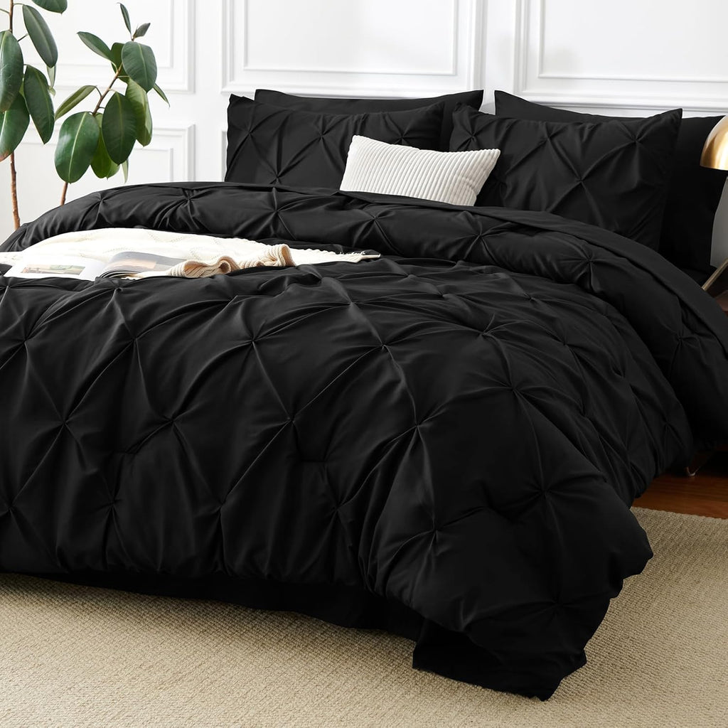 Queen Comforter Set 7 Pieces Bed in A Bag Black Luxury Soft Queen Bed Set Pintuck Pinch Pleat Bedding Sets with