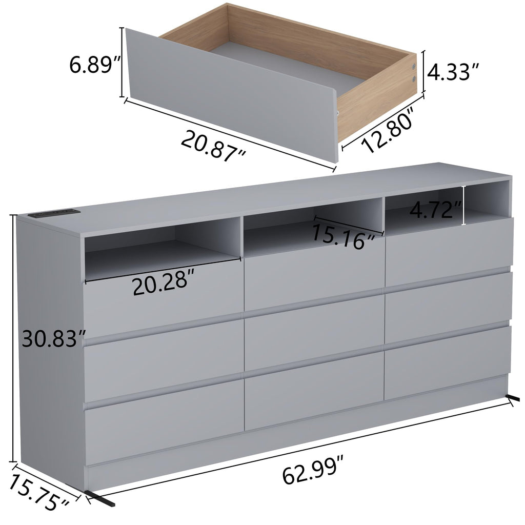 63" Grey 9-Drawer Dresser w/Power Outlet, LED Light