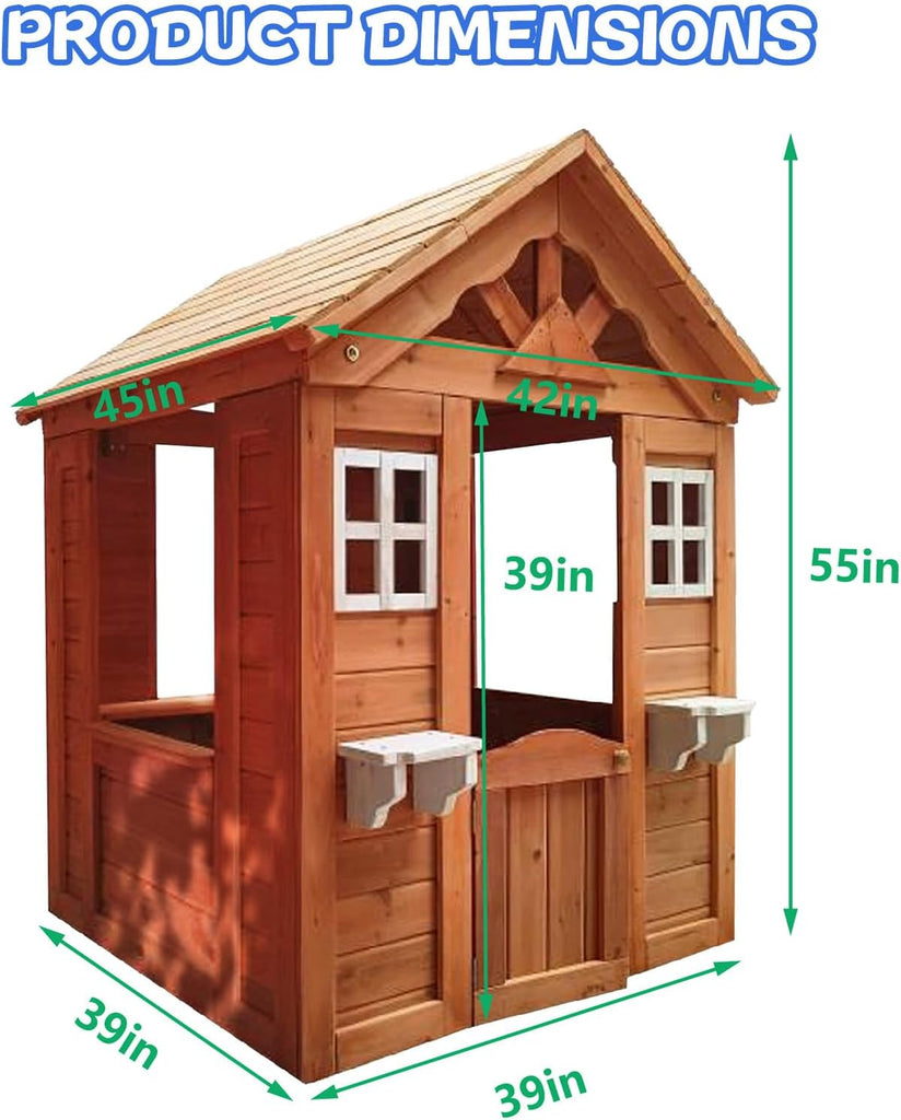 Wooden Kids Playhouse, Solid Firwood Outdoor Playhouse with 2 Windows, Flowerpot Holder & Snack Window for Backyard