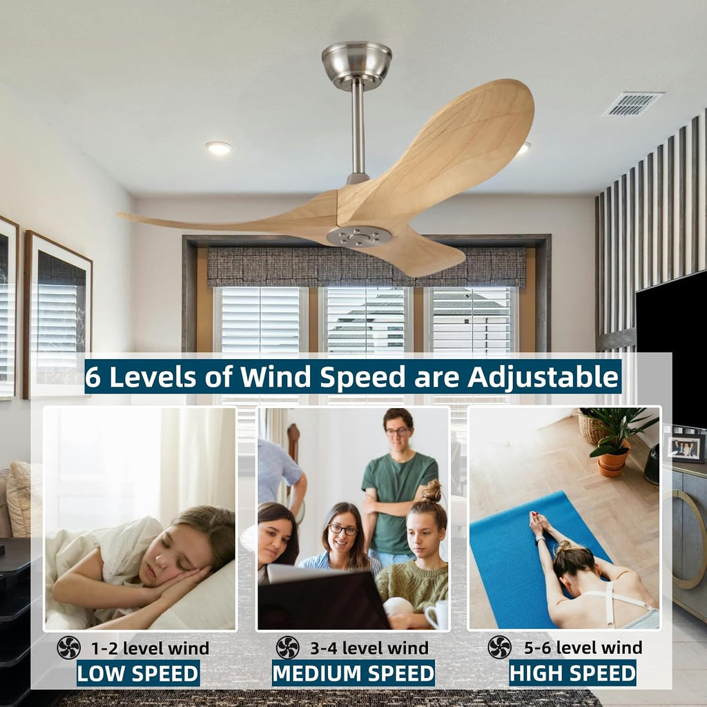 36 Inch Wooden Ceiling Fan Without Light With Remote Control, 3 solid wood fan blades Ceiling Fan for Indoor, Living
