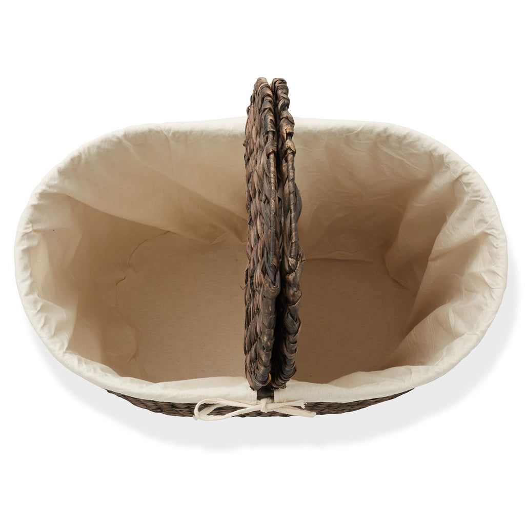 Oval Laundry Hamper with Lids and Removable Liner Bags - Espresso Dark Brown, Woven Water Hyacinth 2-Section Laundry