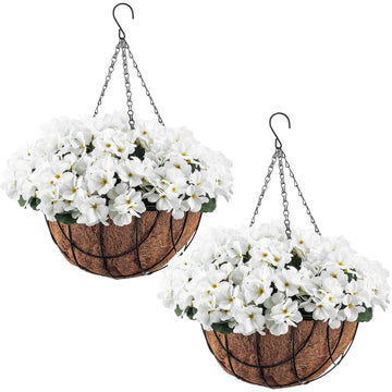 2 Pack Artificial Hanging Flowers in Basket Fake Porch Plants Artificial Hydrangea Arrangement in 12 Inch Coconut