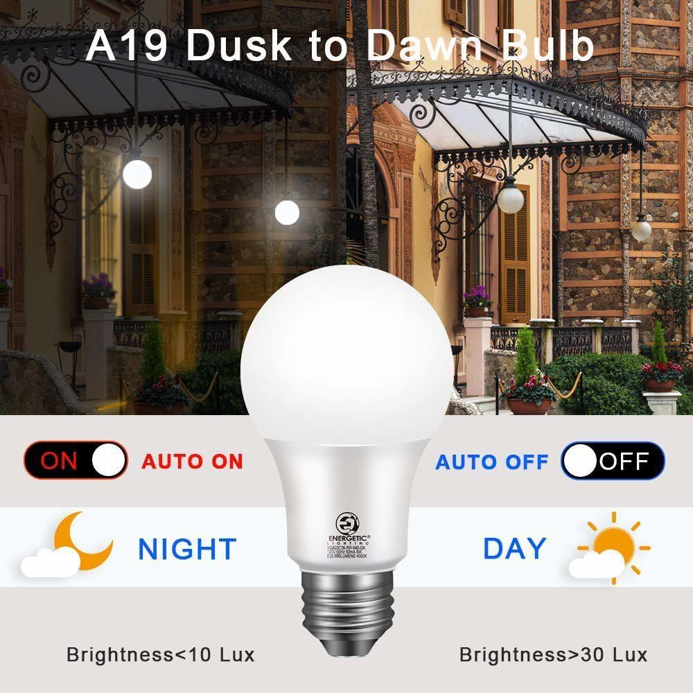 Energetic 4-Pack Dusk to Dawn LED Outdoor Light Bulb, 60 Watt Equivalent(6W), 800LM, Daylight 5000K, E26 Base