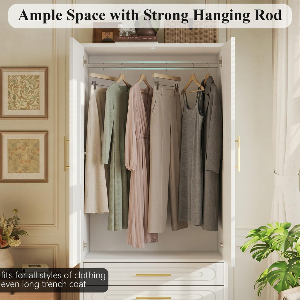 Armoire Wardrobe Closet with Drawers, 2 Doors Tall Wardrobe (2, White)