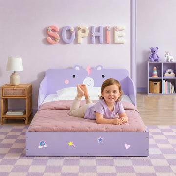 Unicorn Wood Floor Toddler Bed with Reusable Stickers, Purple