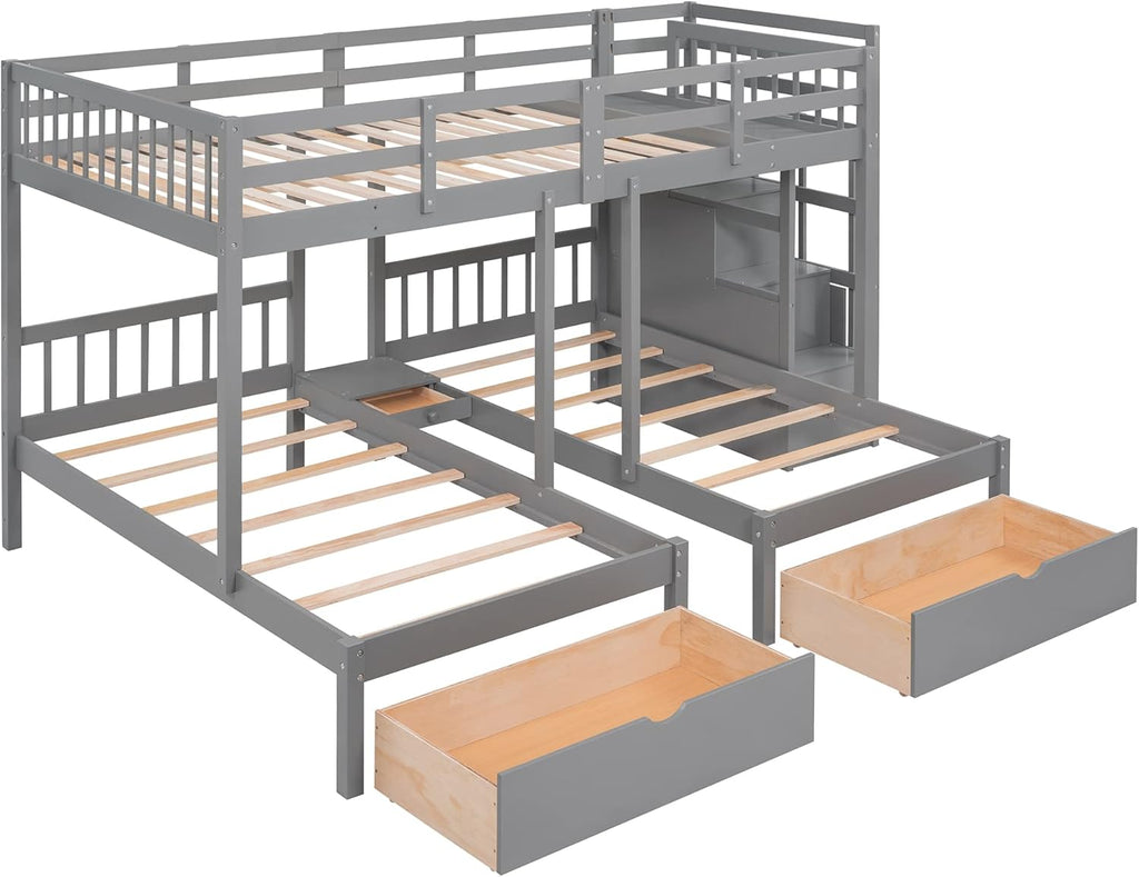 L Shaped Bunk Bed Full Over Twin Over Twin for 3, Triple Bunk Beds Frame with Storage Drawers and Staircase