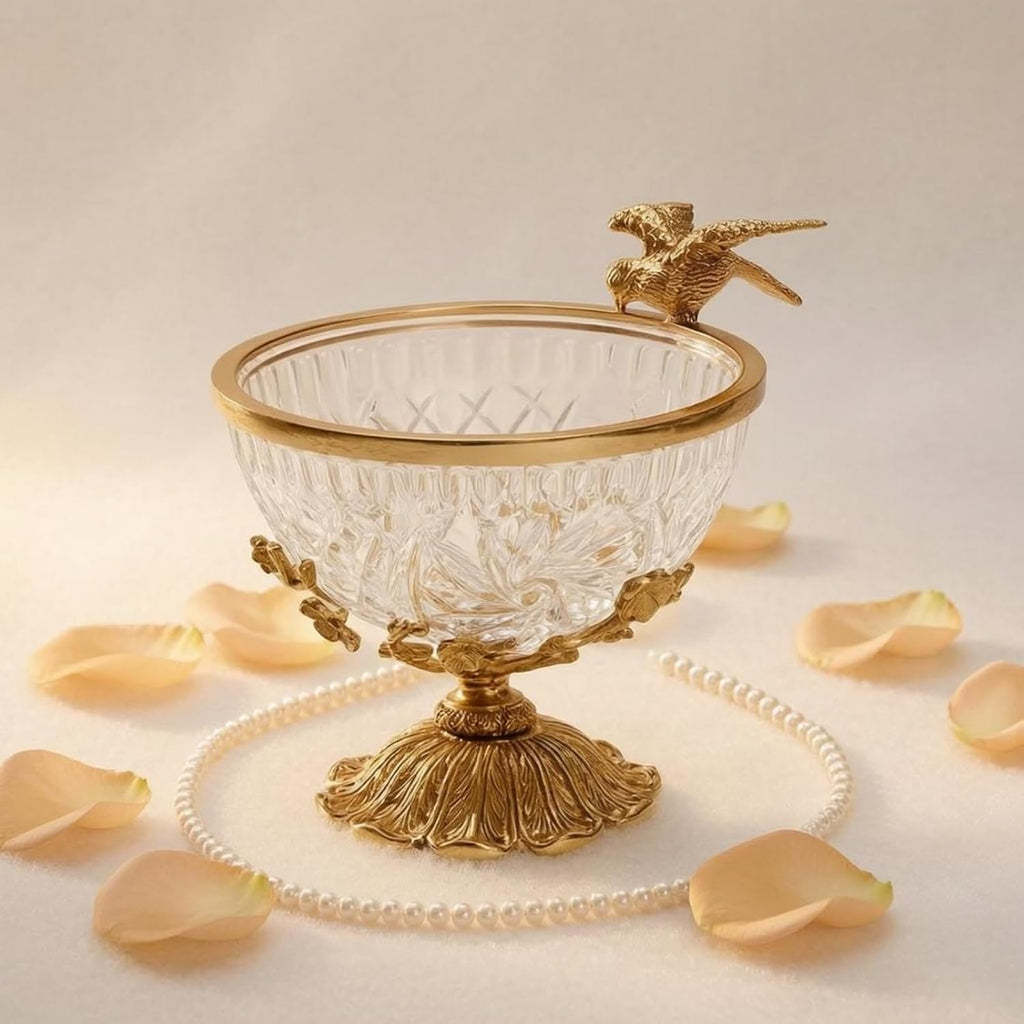 Brass Fruit Plate Bird Accents Crystal Glass Fruit Bowl Clear Decorative Pedestal Bowl