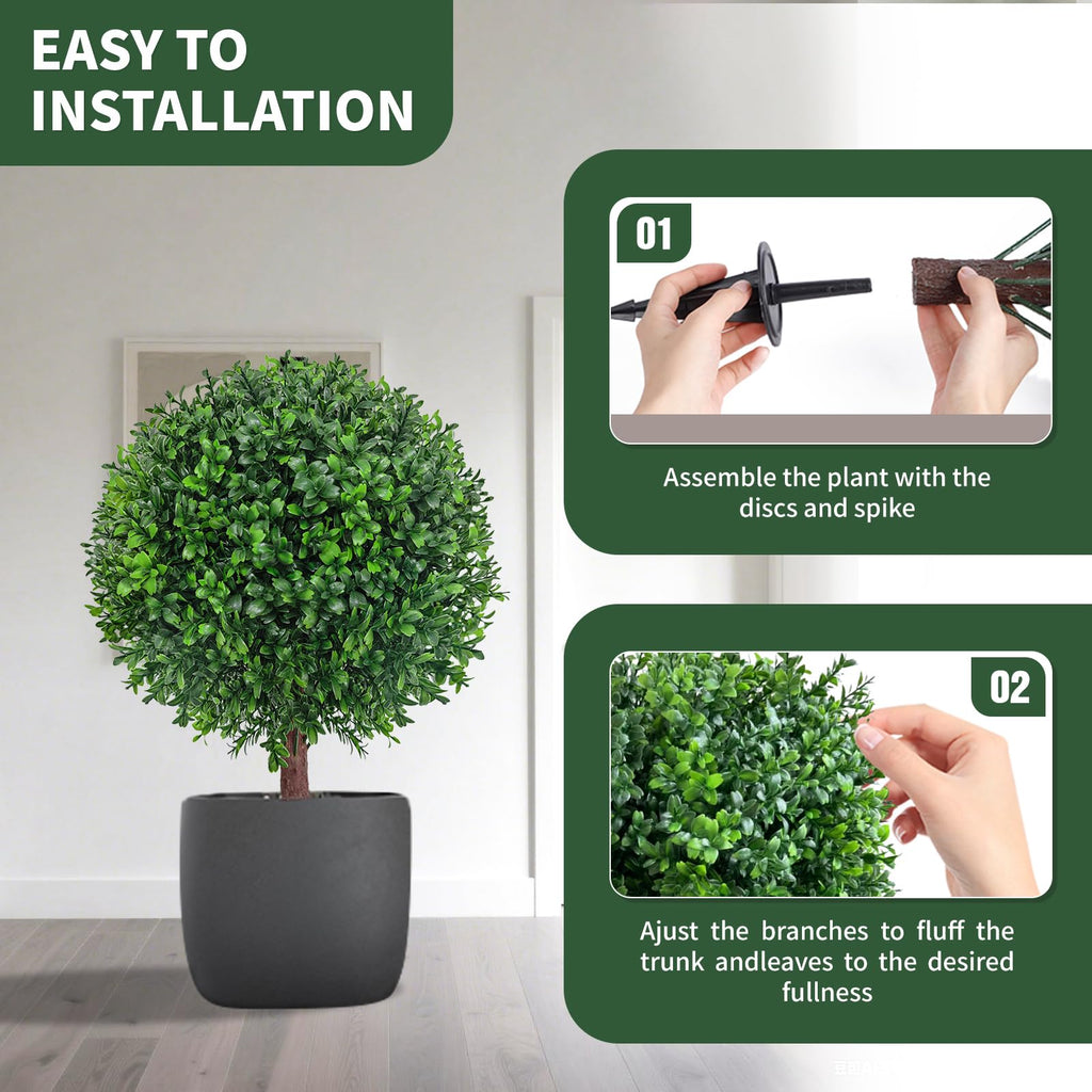 25" Artificial Boxwood Topiary Ball Tree with Ground Plugs [Set of 2] UV Protected Artificial Shrubs, Fake Evergreen