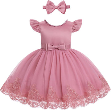 Toddler Baby Flower Girl Dress Pearl Lace Tulle Tutu Dress Headband Birthday Party Wedding Formal Pageant Gown