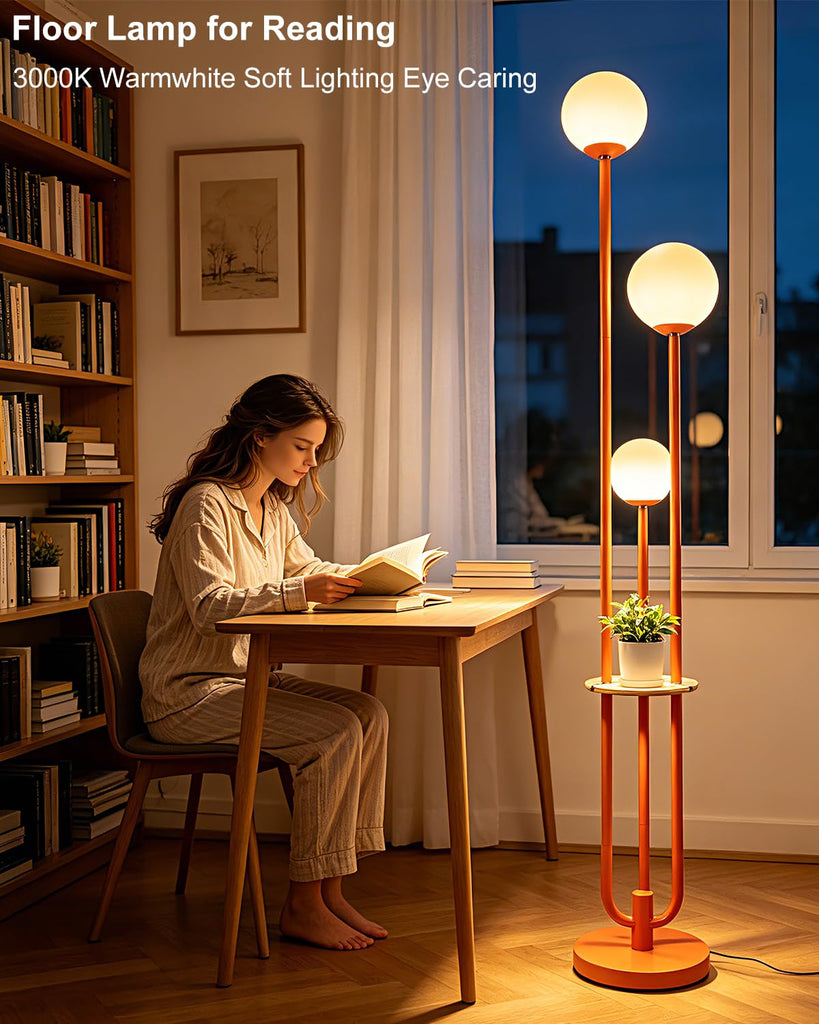 Dimmable 3-Light Globe Floor Lamp with Storage Shelf, Orange Mid Century Modern Standing Lamp, 3PCS 3000K Warm White