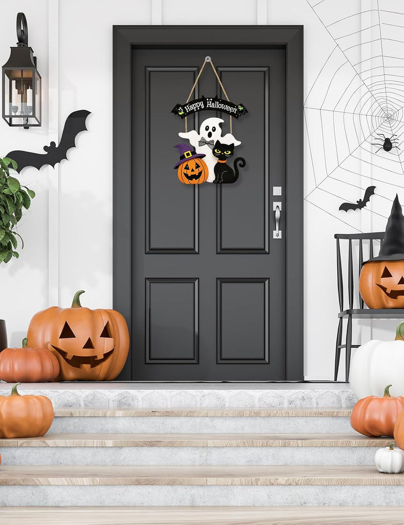 Halloween Wreaths for Front Door Welcome Sign for Happy Halloween Wall Decorations Wooden Boo Ghost Black Cat Pumpkin