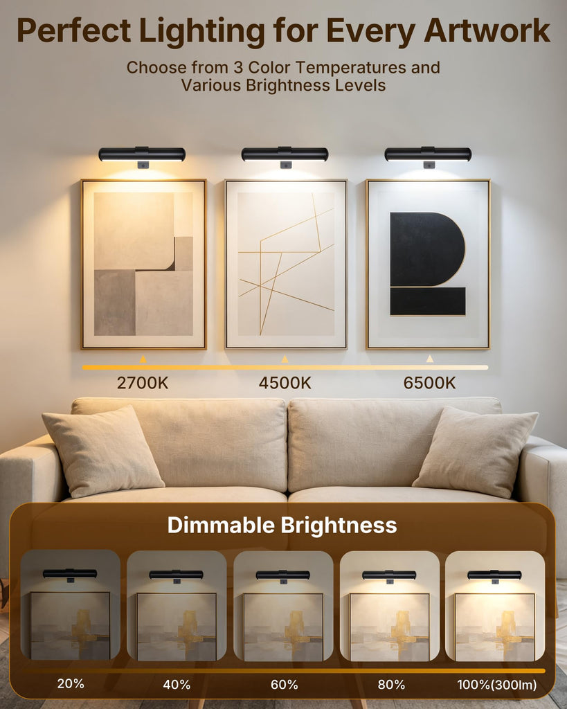 Picture Light for Wall, Rechargeable 2500mAh Battery Lights Cordless with Remote&Timer, 3 Color & Dimmable Magnetic