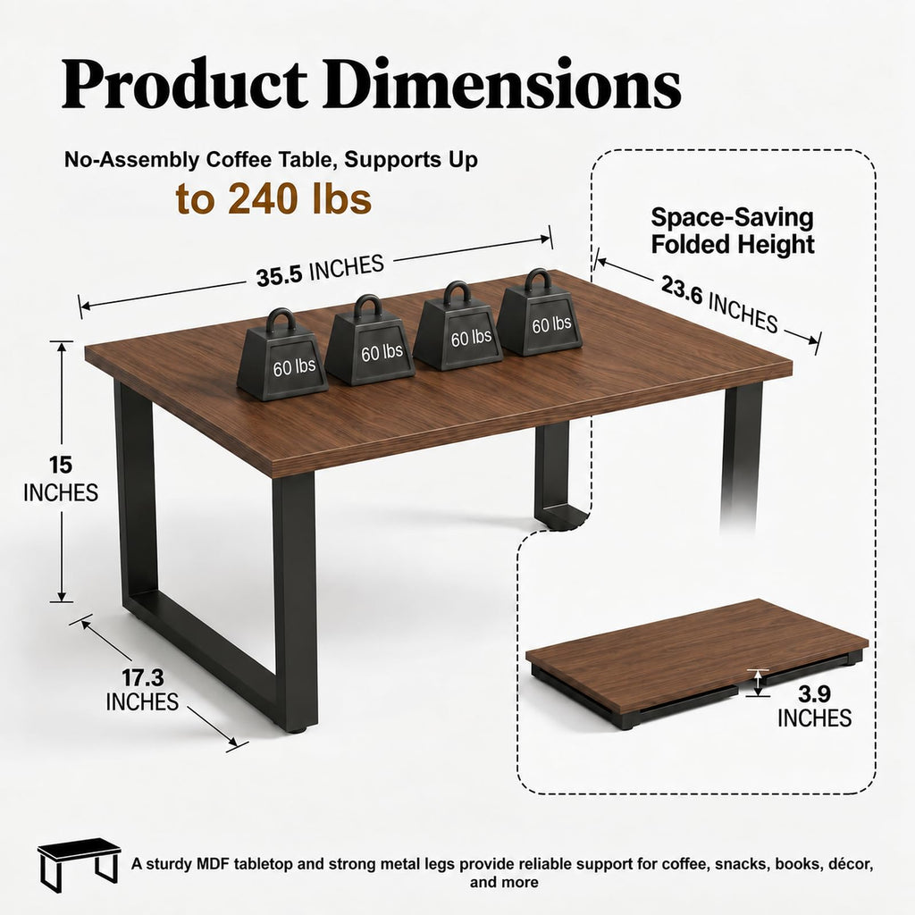 Walnut Folding Coffee Table, No Assembly Required for Small Spaces, 35.5In