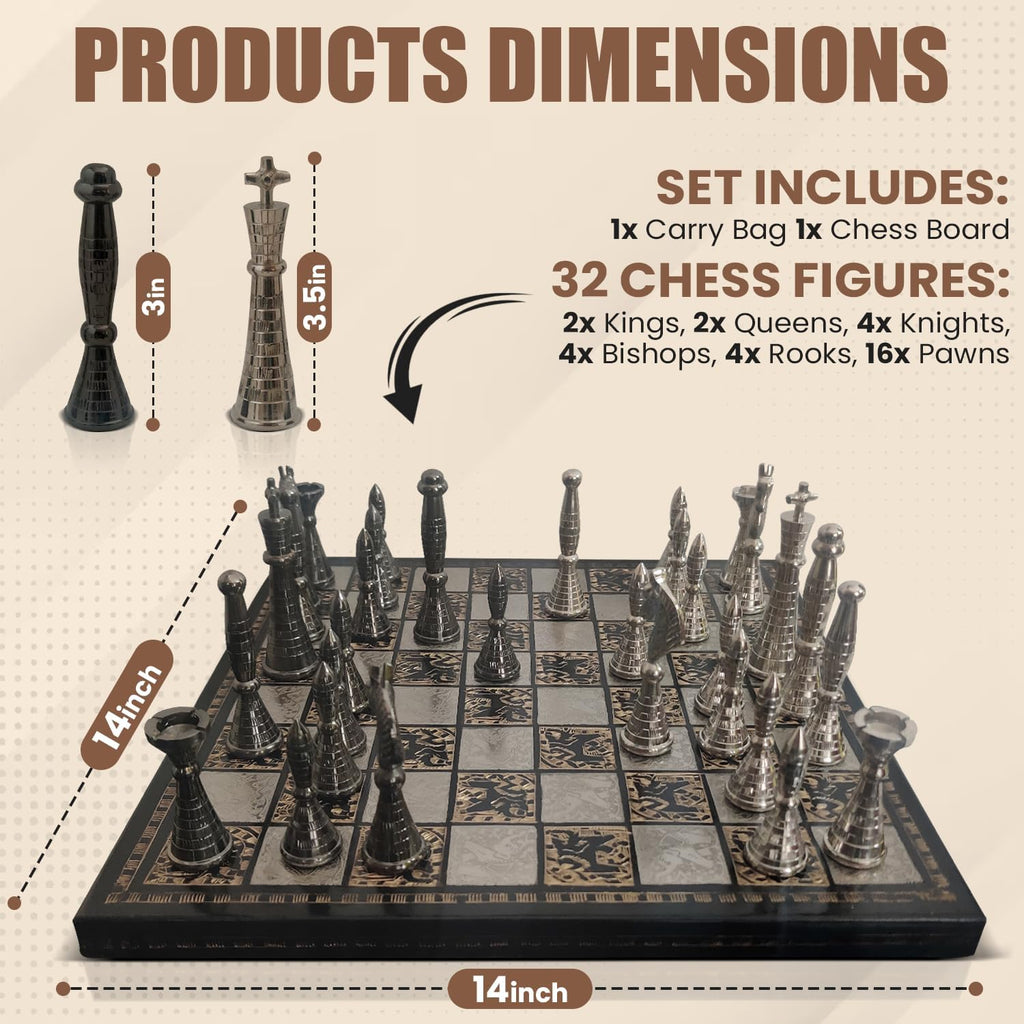 Collectible Metal Brass Chess Set Tribal Warli Art in Leather Storage Box. (12 X 12 in)