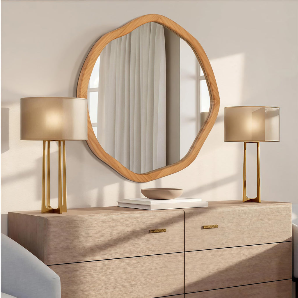 Irregular Round Wood Mirror 30 Inch, Natural Wall Mirror