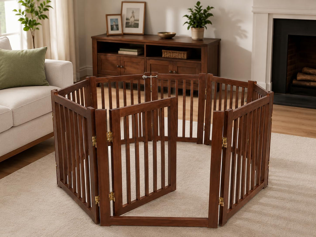 Extra Wide 8-Panel Freestanding Indoor Pet Gate with Door / 142" W, 24" H/Foldable, Solid Acacia Wood, Portable