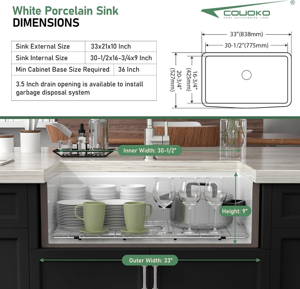 33 Inch White Farmhouse Sink Workstation - White Curved Apron Front Fireclay Farm Sink Large Deep Ceramic Single Bowl