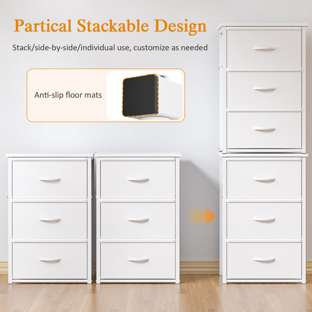 2-Pack Stackable Storage Drawers (6 Drawers Total), White Closet Drawers Organizer for Clothes with Wooden Top &